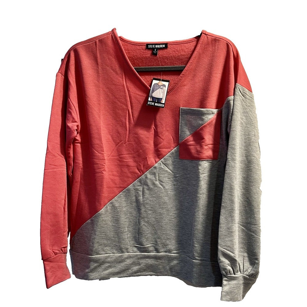 Steve Madden Women's Small Pink/Gray Colorblock V-Neck Sweatshirt Pocket Stretch